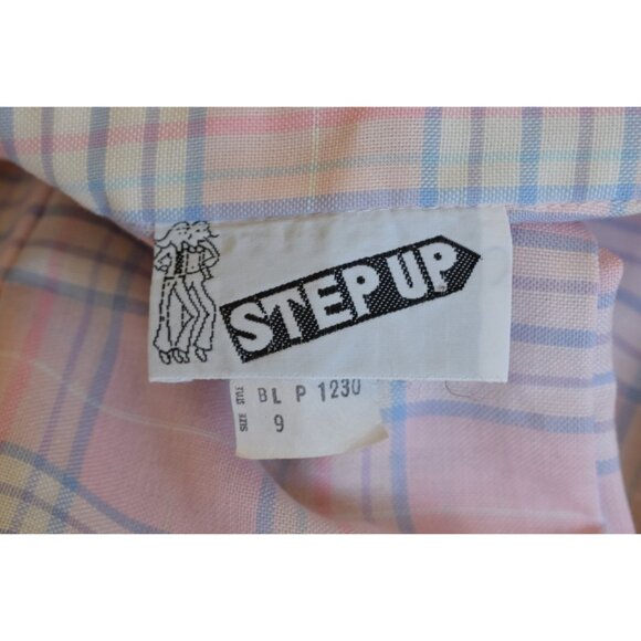 Vintage 80s Plaid Long Sleeves Poly/Cotton Pastel Button up Blouse - Picture 7 of 10